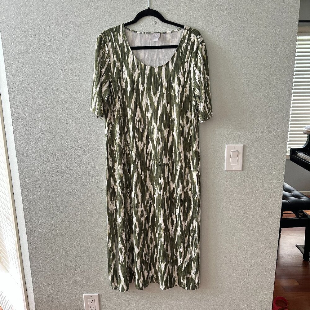 Chico's Green Midi Dress Short Sleeve Women's 2 12/14 LARGE Scoop Neck